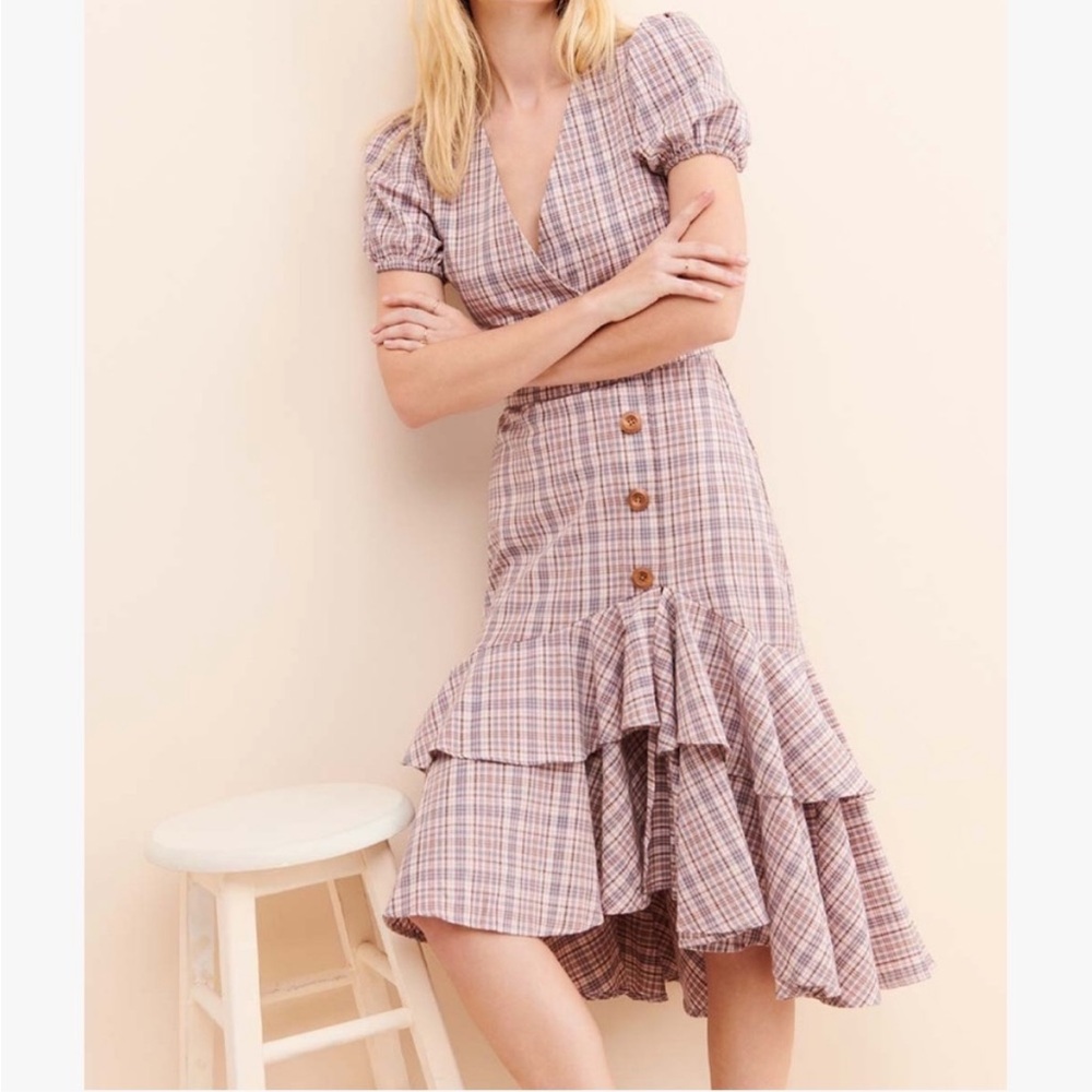 ENGLISH FACTORY PLAID PUFF SLEEVE RUFFLED WOOD BUTTON DETAILS DRESS SIZE SMALL